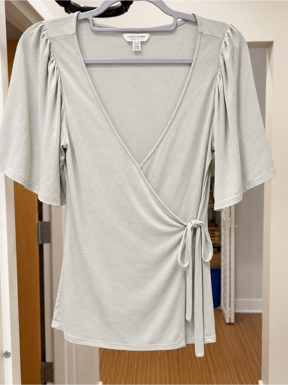 Lucky Brand Light Sage Wrap Top with Flutter Sleeves